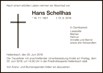 Traueranzeige von Hans Schellhas von Hersfeld