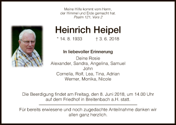 Traueranzeige von Heinrich Heipel von Hersfeld