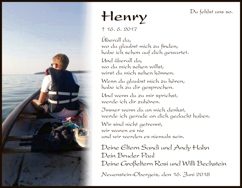  Traueranzeige für Henry Hahn vom 16.06.2018 aus Hersfeld