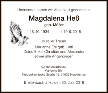 Traueranzeige von Magdalena Heß von Hersfeld