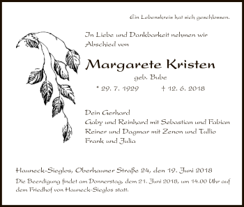 Traueranzeige von Margarete Kristen von Hersfeld