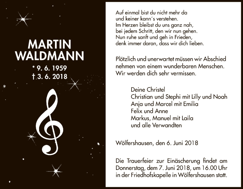 Traueranzeige für Martin Waldmann vom 06.06.2018 aus Hersfeld