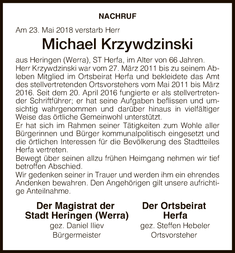  Traueranzeige für Michael Krzywdzinski vom 06.06.2018 aus Hersfeld