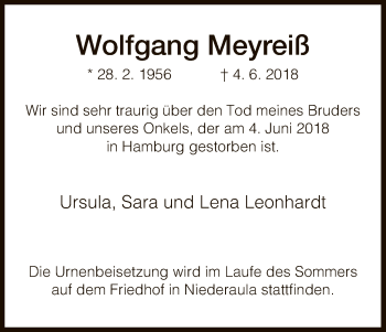 Traueranzeige von Wolfgang Meyreiß von Hersfeld
