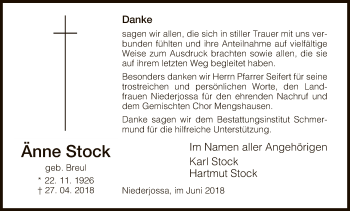 Traueranzeige von Änne Stock von Hersfeld