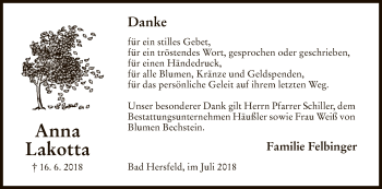 Traueranzeige von Anna Lakotta von Hersfeld