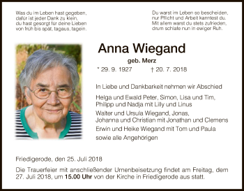 Traueranzeige von Anna Wiegand von Hersfeld