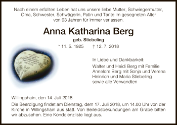 Traueranzeige von Anna Katharina Berg von Hersfeld