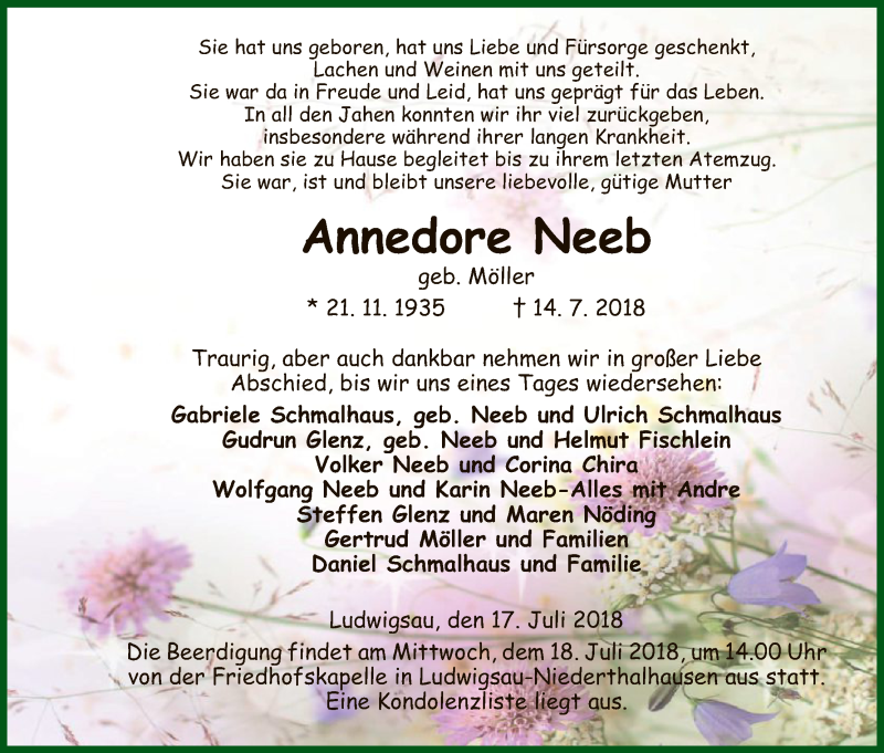  Traueranzeige für Annedore Neeb vom 17.07.2018 aus Hersfeld