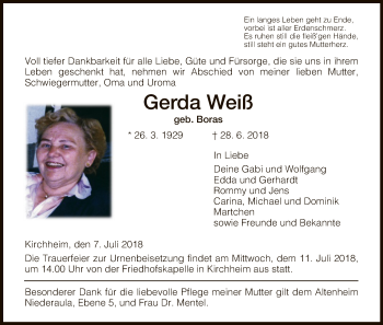 Traueranzeige von Gerda Weiß von Hersfeld