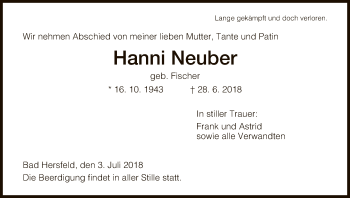 Traueranzeige von Hanni Neuber von Hersfeld