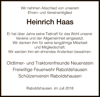 Traueranzeige von Heinrich Haas von Hersfeld