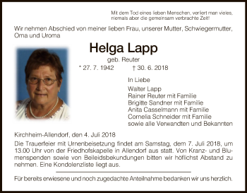 Traueranzeige von Helga Lapp von Hersfeld