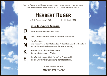 Traueranzeige von Herbert Rüger von Hersfeld