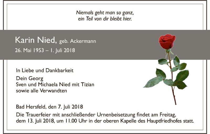  Traueranzeige für Karin Nied vom 07.07.2018 aus Hersfeld