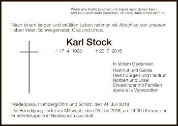 Traueranzeige von Karl Stock von Hersfeld