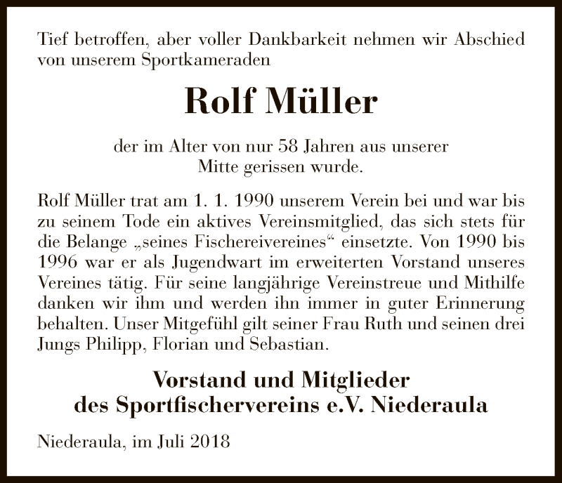  Traueranzeige für Rolf Müller vom 19.07.2018 aus Hersfeld