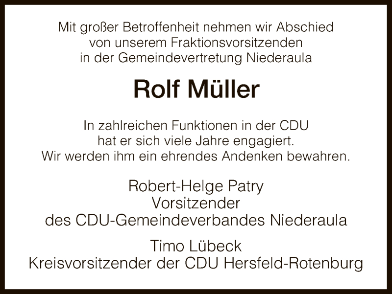  Traueranzeige für Rolf Müller vom 20.07.2018 aus Hersfeld