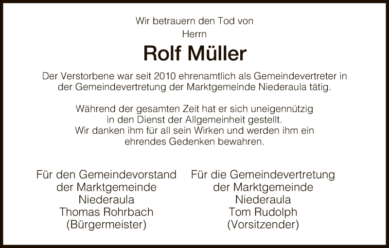  Traueranzeige für Rolf Müller vom 19.07.2018 aus Hersfeld