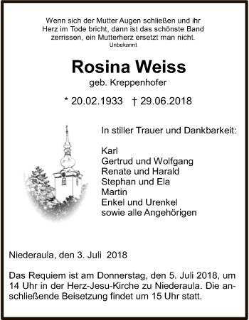 Traueranzeige von Rosina Weiss von Hersfeld