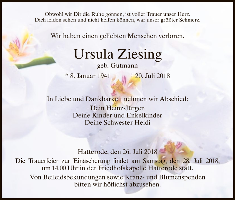  Traueranzeige für Ursula Ziesing vom 26.07.2018 aus Hersfeld