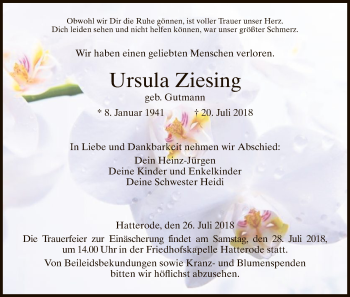 Traueranzeige von Ursula Ziesing von Hersfeld