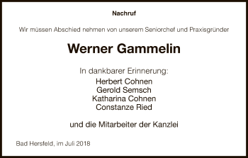 Traueranzeige von Werner Gammelin von Hersfeld