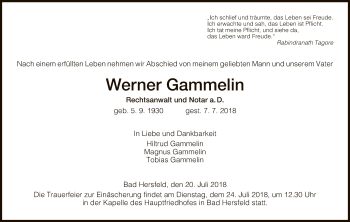 Traueranzeige von Werner Gammelin von Hersfeld