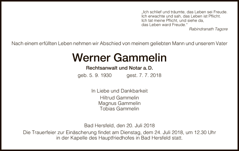 Traueranzeige für Werner Gammelin vom 20.07.2018 aus Hersfeld