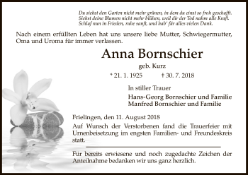 Traueranzeige von Anna Bornschier von Hersfeld