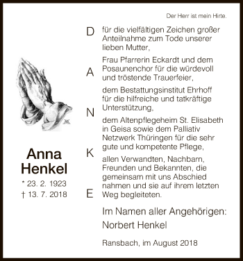 Traueranzeige von Anna Henkel von Hersfeld