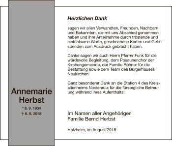 Traueranzeige von Annemarie Herbst von Hersfeld