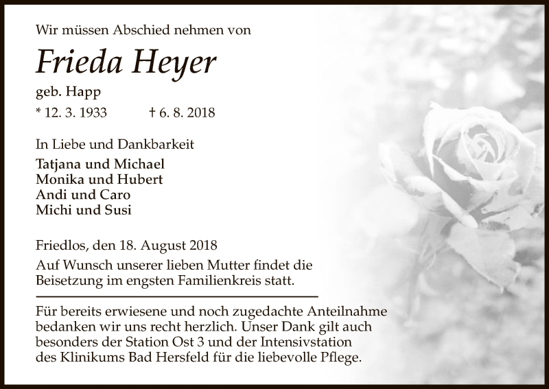  Traueranzeige für Frieda Heyer vom 18.08.2018 aus Hersfeld