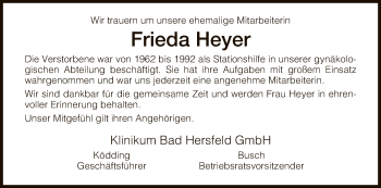 Traueranzeige von Frieda Heyer von Hersfeld