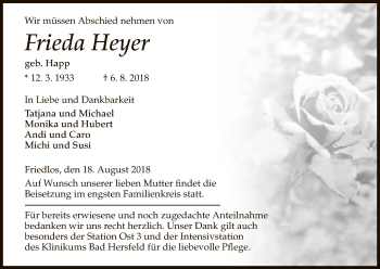 Traueranzeige von Frieda Heyer von Hersfeld