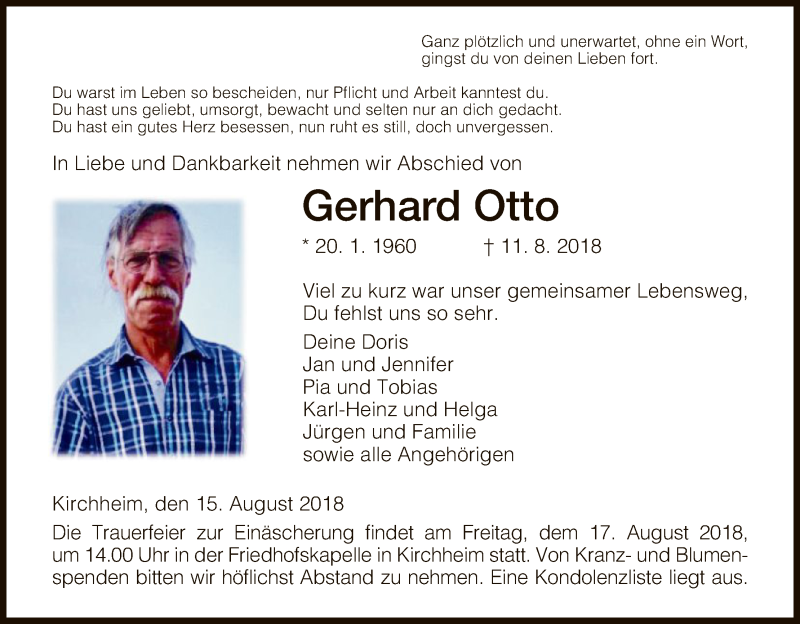  Traueranzeige für Gerhard Otto vom 15.08.2018 aus Hersfeld
