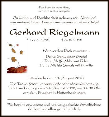 Traueranzeige von Gerhard Riegelmann von Hersfeld