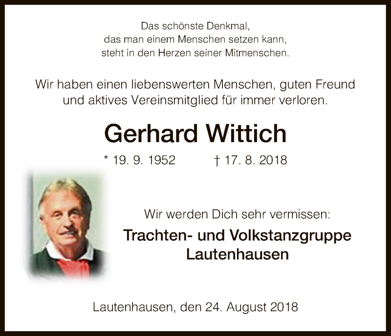  Traueranzeige für Gerhard Wittich vom 24.08.2018 aus Hersfeld