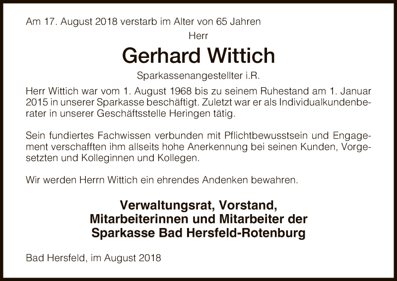  Traueranzeige für Gerhard Wittich vom 24.08.2018 aus Hersfeld