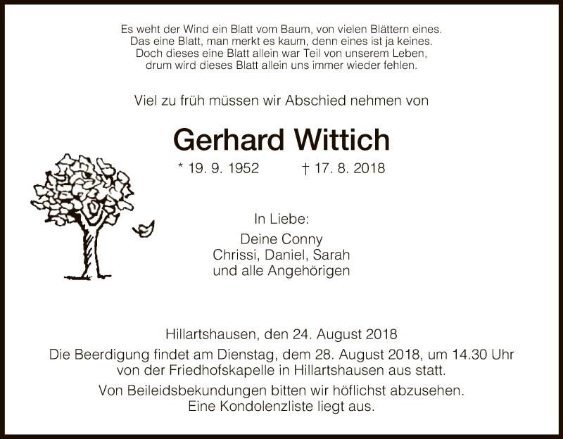  Traueranzeige für Gerhard Wittich vom 24.08.2018 aus Hersfeld