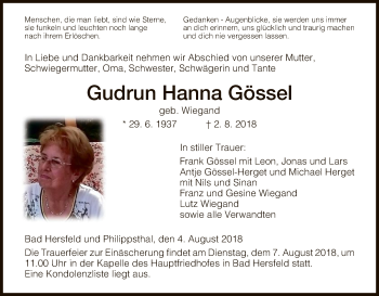 Traueranzeige von Gudrun Hanna Gössel von Hersfeld