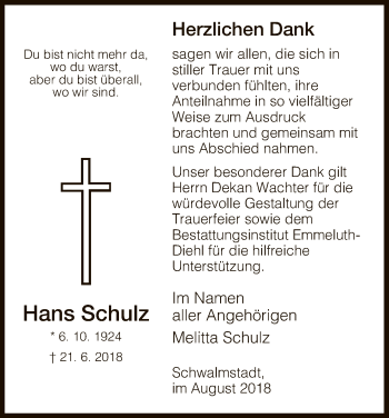 Traueranzeige von Hans Schulz von Hersfeld