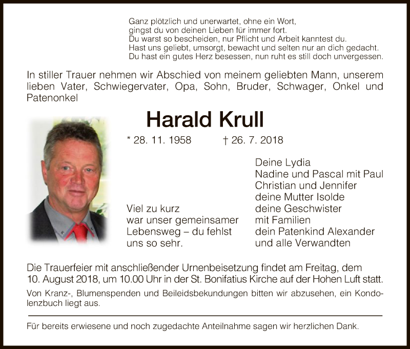  Traueranzeige für Harald Krull vom 08.08.2018 aus Hersfeld