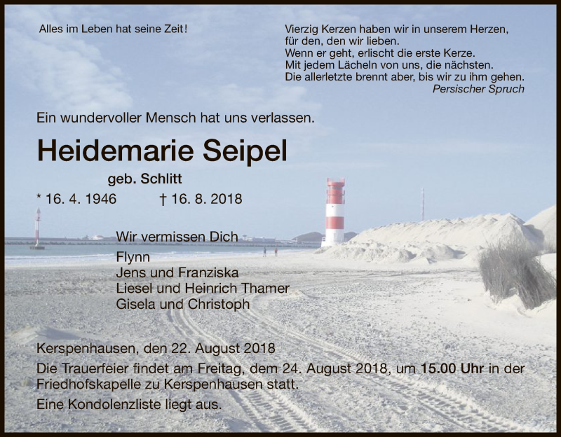  Traueranzeige für Heidemarie Seipel vom 22.08.2018 aus Hersfeld