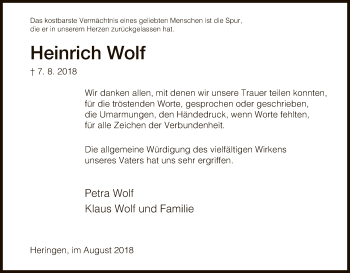 Traueranzeige von Heinrich Wolf von Hersfeld