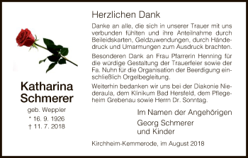 Traueranzeige von Katharina Schmerer von Hersfeld