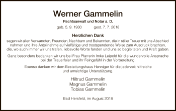 Traueranzeige von Werner Gammelin von Hersfeld