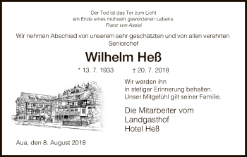 Traueranzeige von Wilhelm Heß von Hersfeld