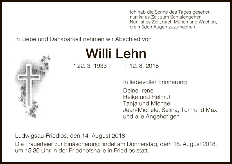  Traueranzeige für Willi Lehn vom 14.08.2018 aus Hersfeld