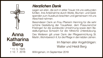 Traueranzeige von Anna Katharina Berg von Hersfeld